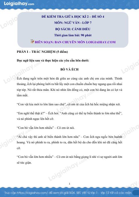 Đề thi giữa kì 2 Văn 7 Cánh diều - Đề số 4